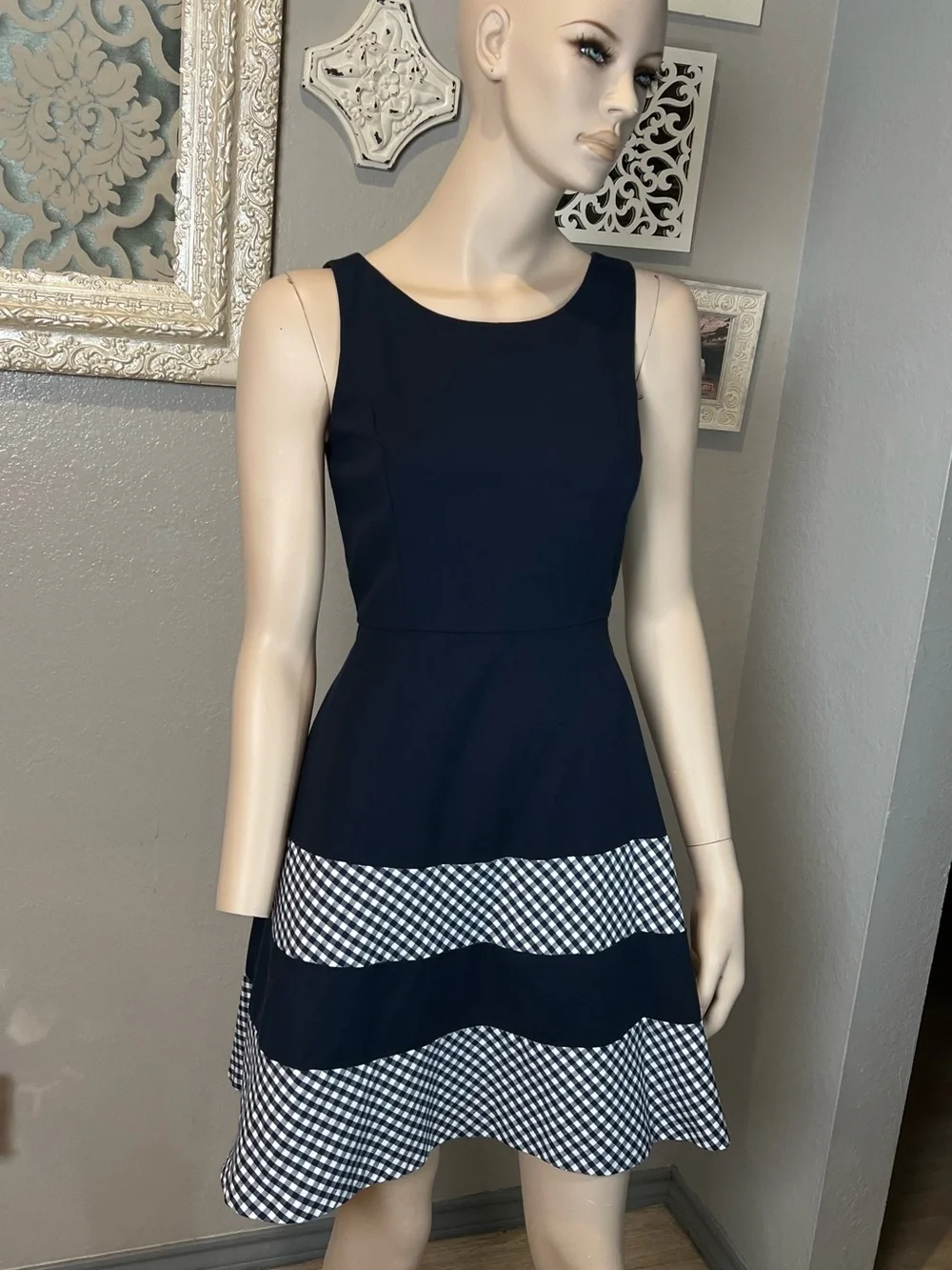 Tommy Hilfiger Navy Sleeveless Fit & Flare Dress with Gingham Trim